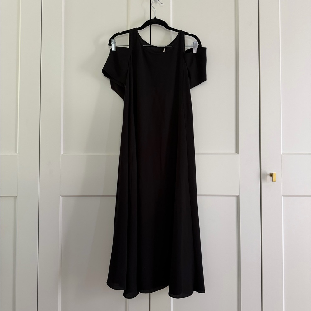NWT Maje Black Midi Dress, Cold Shoulder Draped Detail T1 (US 4)